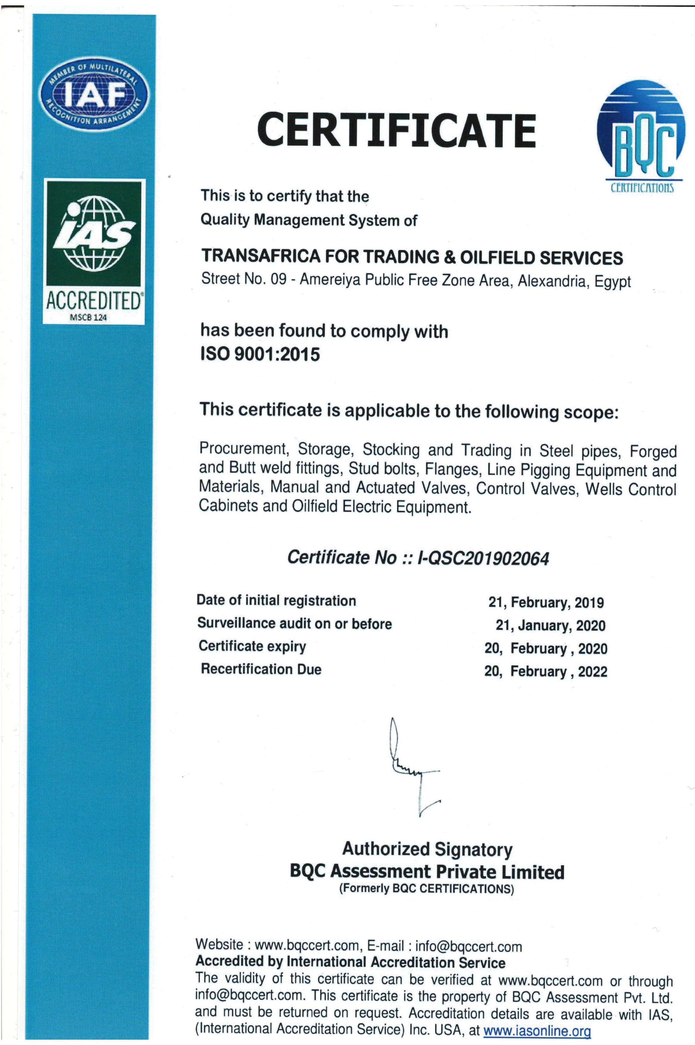 Quality Management System ISO Certificate