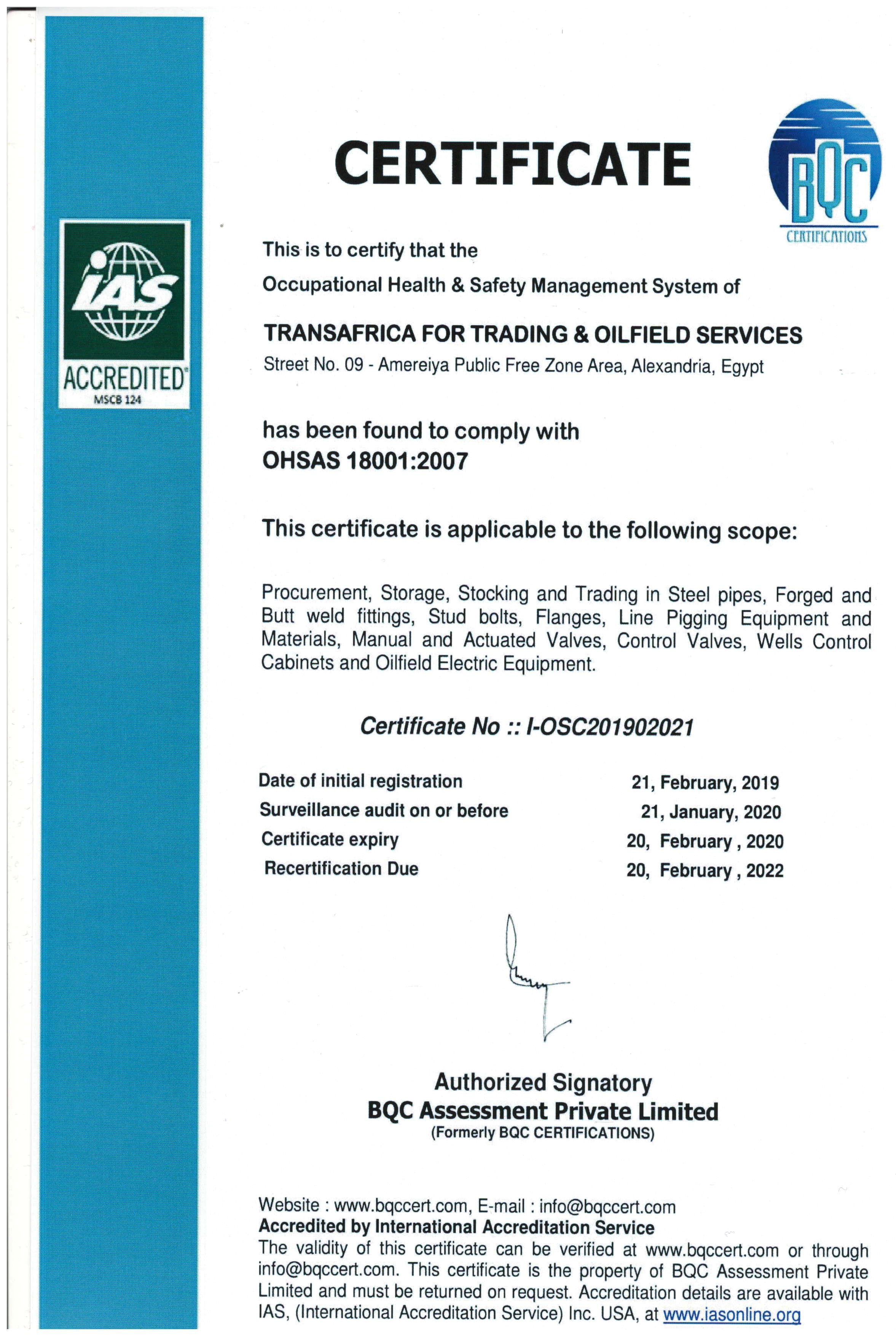 Occupational Health & Safety Management System ISO Certificate