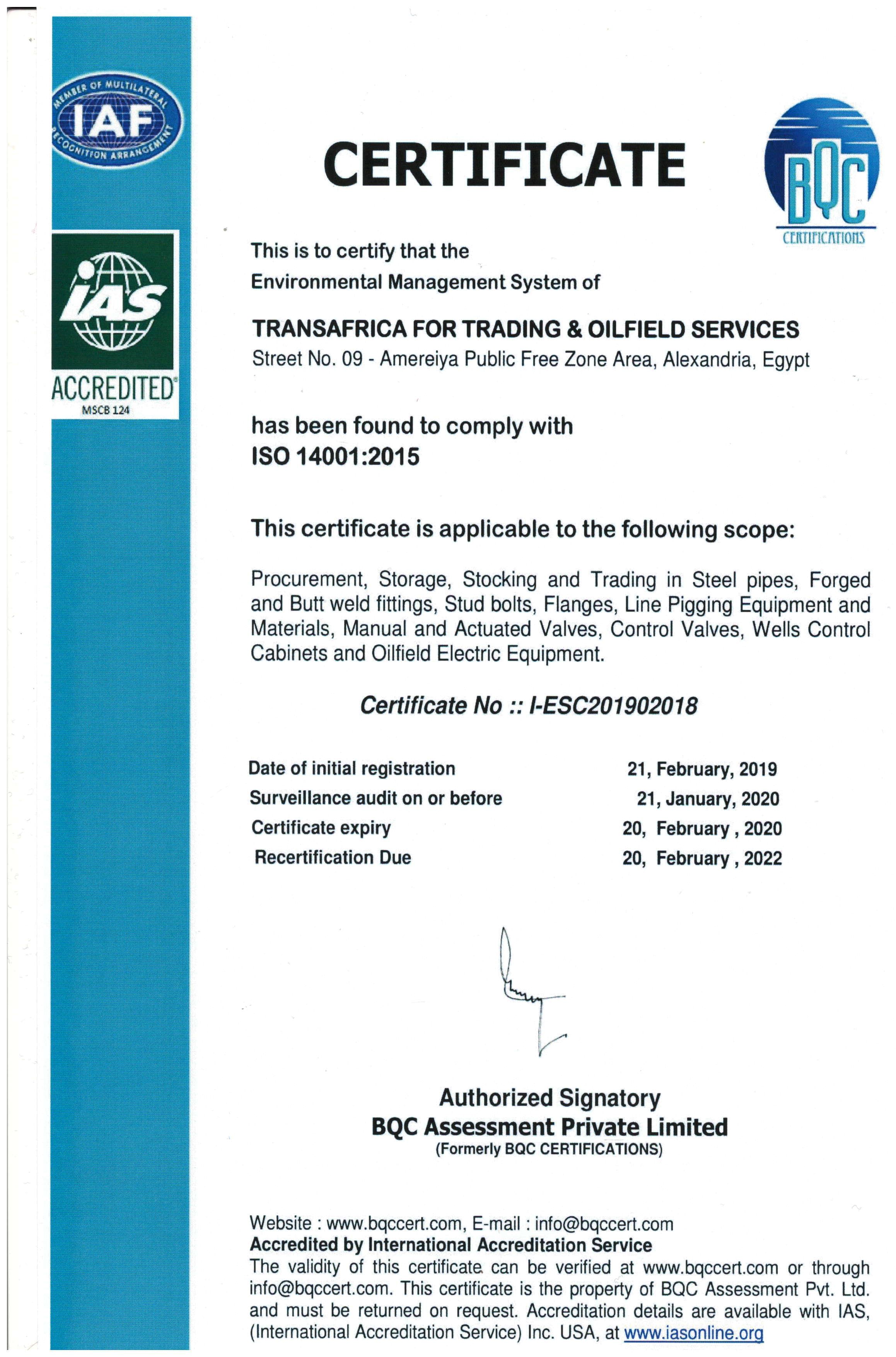 Environmental Management System ISO Certificate